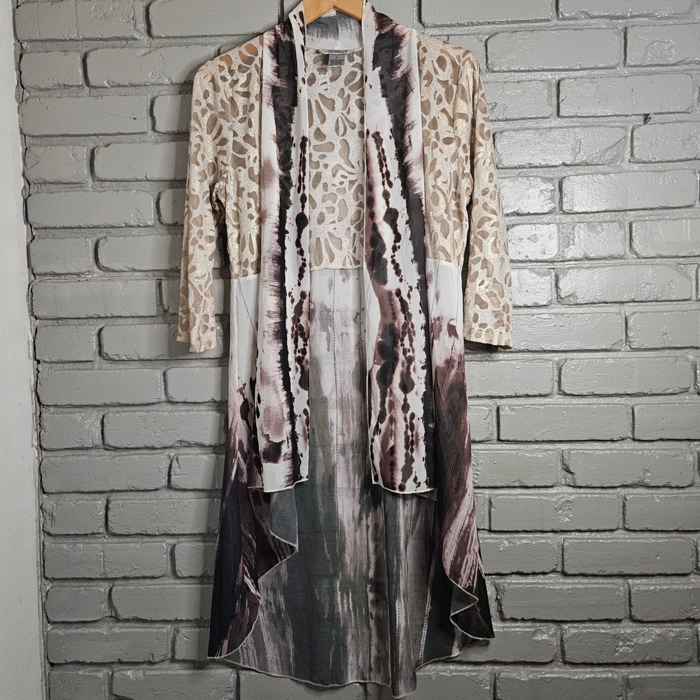 Ania A Womens Cardigan Medium Gold Metallic Lace Tie Dye Open Front High Low Hem